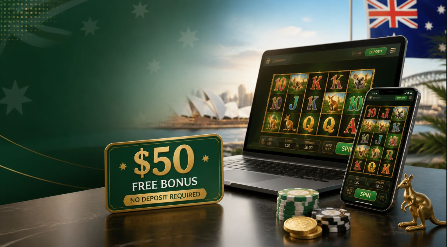 Free $50 pokies no deposit bonus Australia hero image with smartphone and laptop