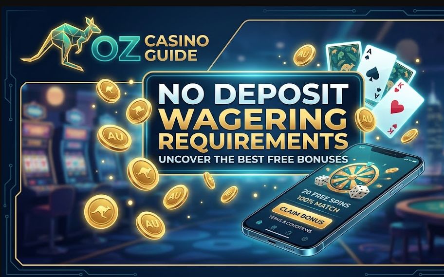 Infographic guide for Australian online casinos showing non-sticky bonuses and no deposit wagering requirements.
