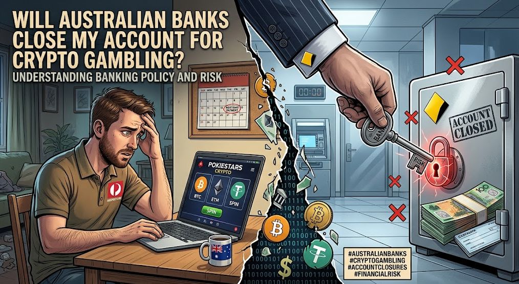An illustrative split screen showing a worried Australian user gambling with crypto on a laptop (Bitcoin, Ethereum, Tether), and a symbolic bank hand locking a safe representing an "Account Closed" consequence.