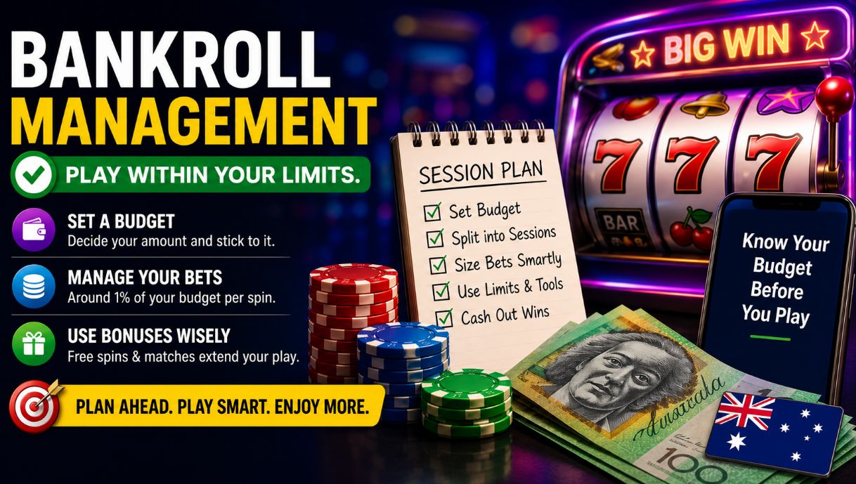 Bankroll management Australia banner showing pokies machine with 777, chips, AUD notes, checklist notepad and text about playing within limits and using sessions, bet sizing and tools.