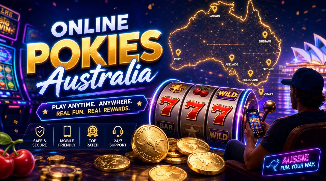 Neon slot machine reels with classic pokie symbols, Australian dollar coins and a glowing gold outline of Australia behind a player holding a smartphone to represent online pokies in Australia and mobile gameplay