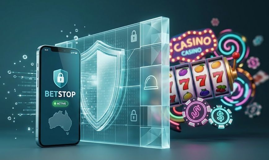 A digital protective shield blocking a slot machine and casino chips next to a smartphone showing the BetStop app with a map of Australia, representing self-exclusion strategies for offshore casinos.