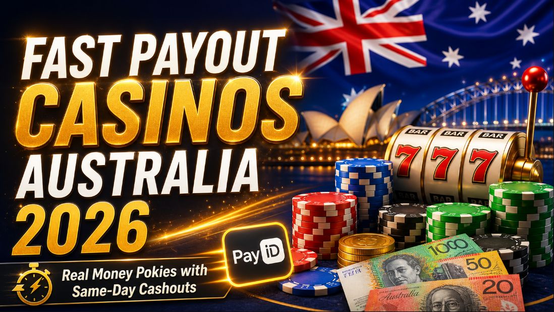 Fast payout casinos Australia 2026 banner with Australian flag, pokies reel showing 777, poker chips, AUD notes and PayID icon highlighting same‑day cashouts for pokie players.