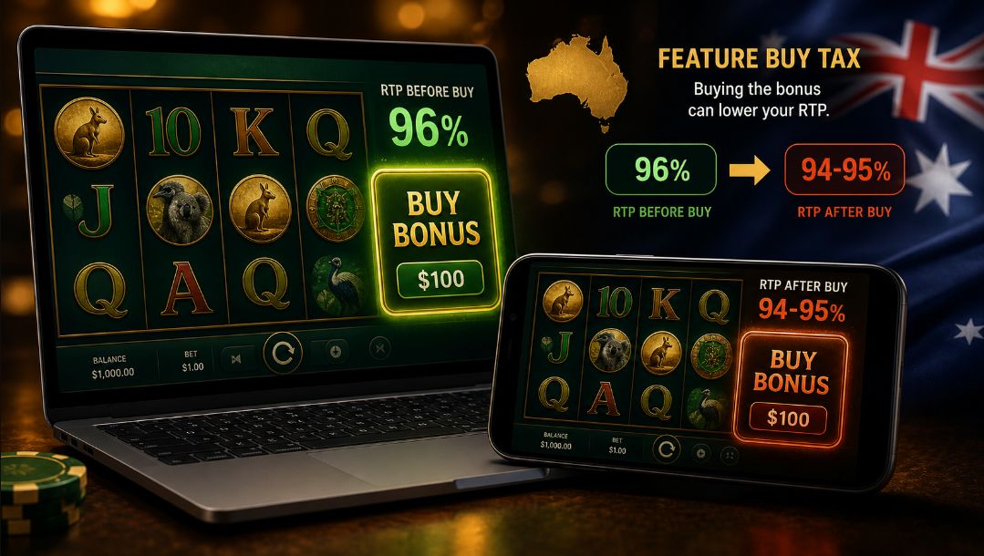 Australian online pokie feature buy screen showing RTP dropping from 96% to 94% when buying the bonus round.