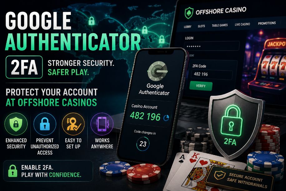 Google Authenticator 2FA protecting an offshore casino account with smartphone authentication, security shield, casino chips, and login verification screen.