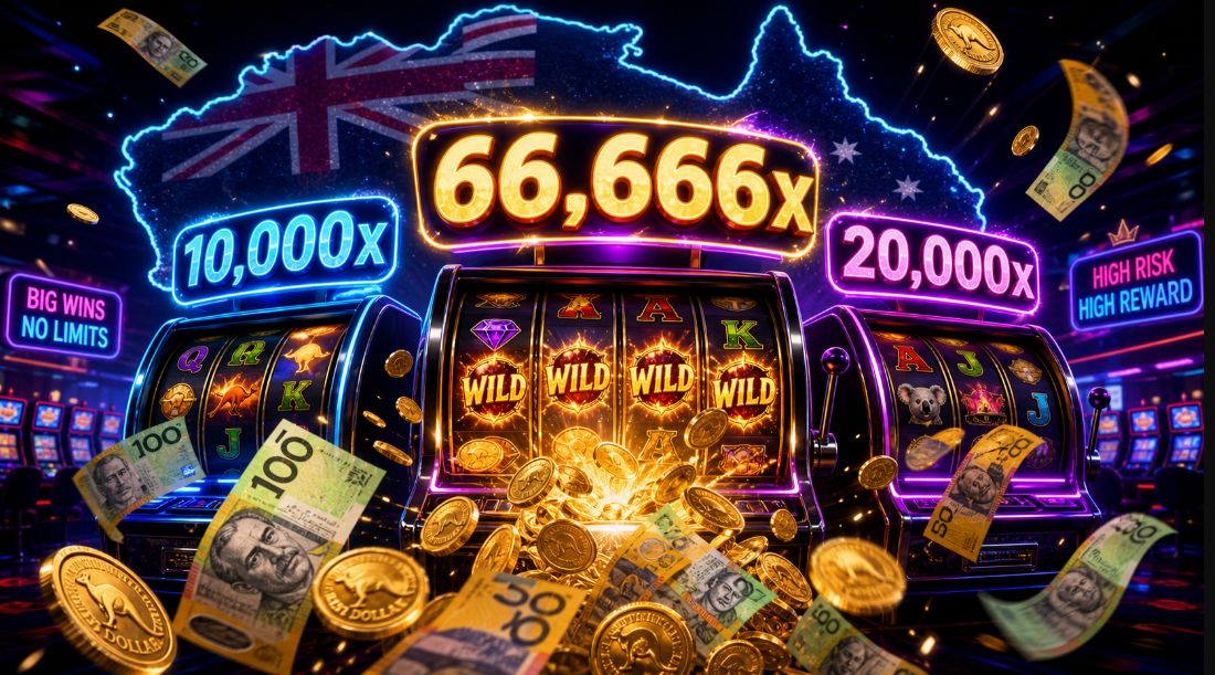 Neon slot machine reels displaying 10,000x 20,000x and 66,666x multipliers with Australian dollar coins bursting out over a faint map of Australia to highlight pokies with the highest max win caps for Aussie players