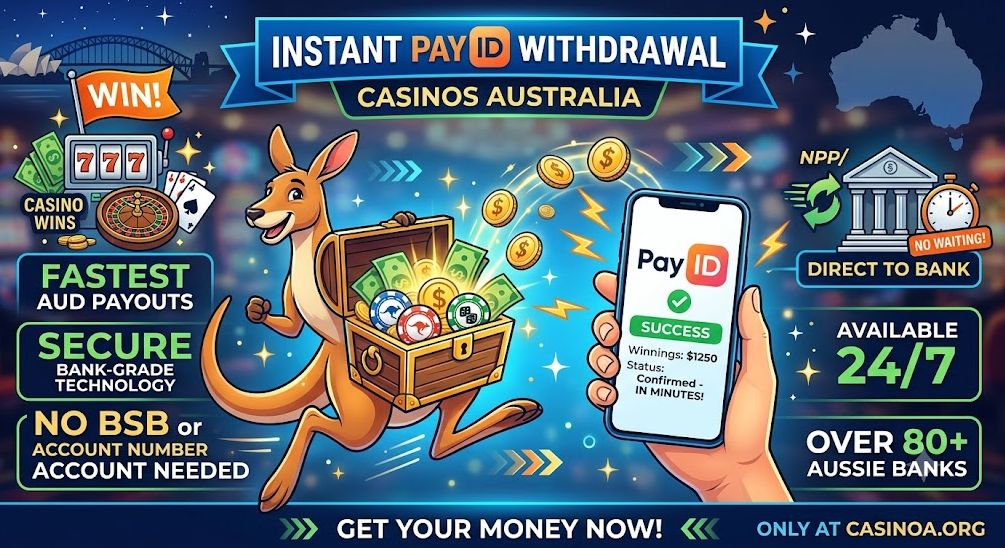 Infographic guide for instant PayID withdrawal casinos in Australia featuring fast AUD payouts and secure NPP bank transfers.