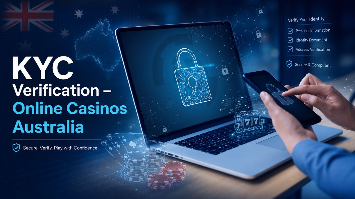 Person using laptop and smartphone with digital padlock icons, Australian flag and subtle casino symbols, illustrating KYC verification at online casinos in Australia.