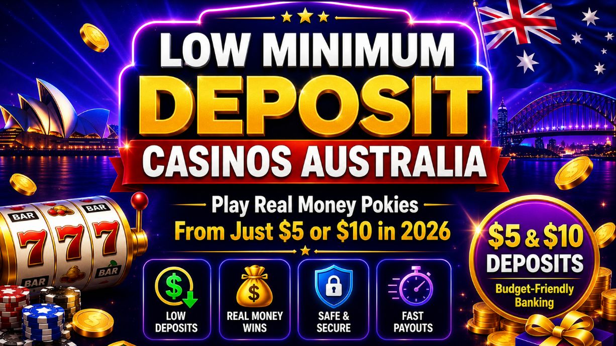 Low minimum deposit casinos Australia banner showing Sydney skyline, pokies reel, gold coins and text about playing pokies from $5 or $10 in 2026.