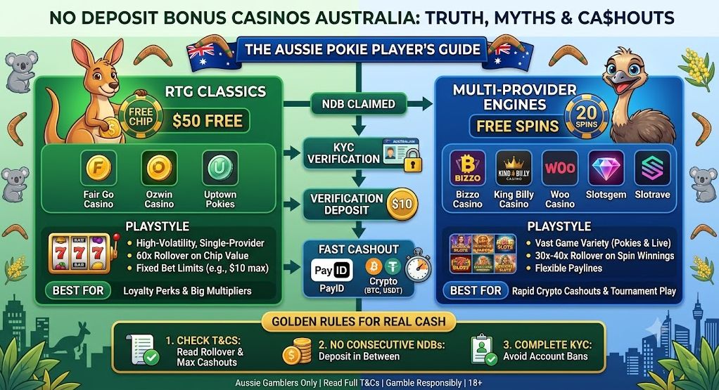 Comparison chart of Australian no deposit bonus casinos showing RTG chips vs multi-provider free spins cashout guide