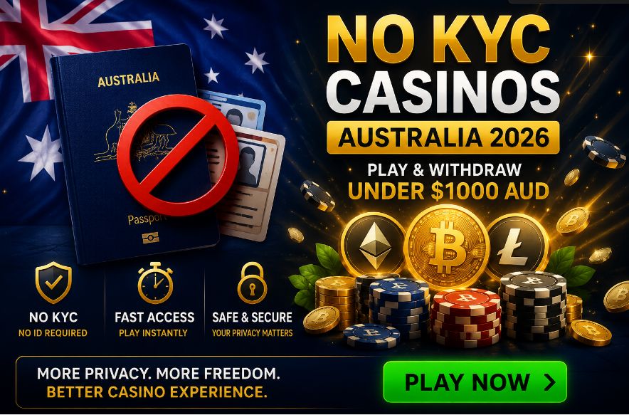 No KYC casinos Australia 2026 guide featuring Australian online casinos with no identity verification for deposits and withdrawals under $1,000 AUD, fast payouts, crypto payments, and secure gaming.
