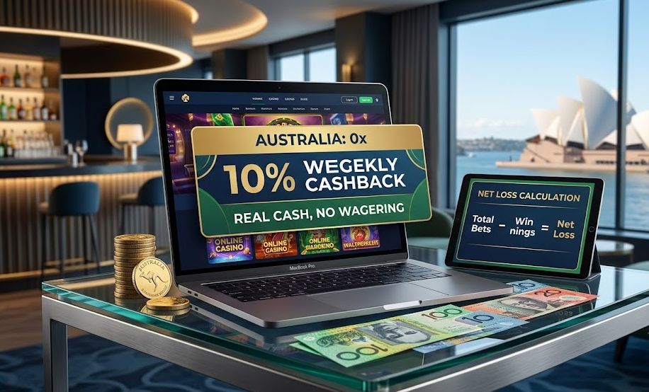 Laptop showing a 10% weekly zero-wagering cashback offer for Australian online casinos next to a tablet explaining net loss calculations, with a scenic view of the Sydney Opera House in the background.