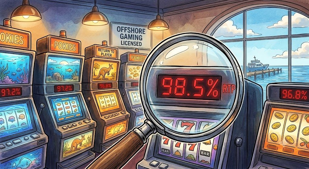 A row of Australian-themed online pokie machines with a magnifying glass highlighting the Return to Player (RTP) percentage to check for fairness at offshore casinos.