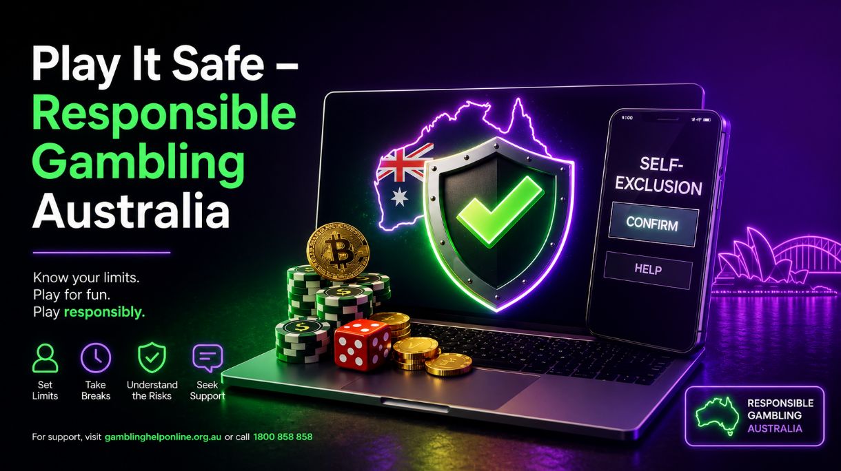 Responsible gambling Australia image showing laptop with shield and green checkmark, casino chips, and smartphone self‑exclusion screen with Australian flag glow.