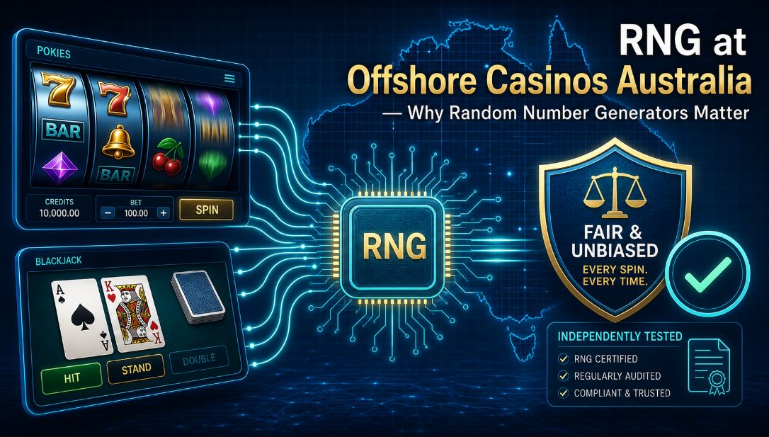 Digital casino interface with spinning pokie reels and playing cards linked to a glowing RNG chip and fairness shield over a faint Australia outline to show why random number generators matter at offshore casinos for Aussie players