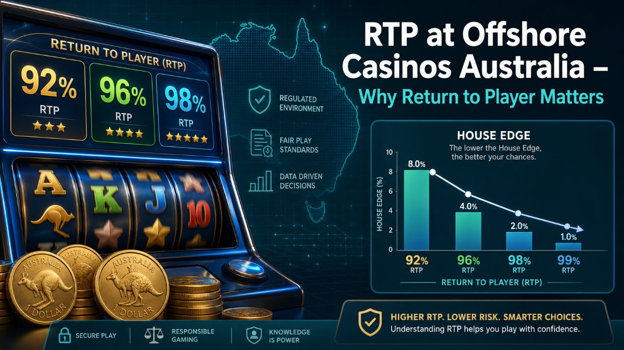 Split graphic showing online pokie RTP percentages 92 96 and 98 beside a shrinking house edge gauge over a teal outline of Australia to explain why return to player matters at offshore casinos for Aussie players