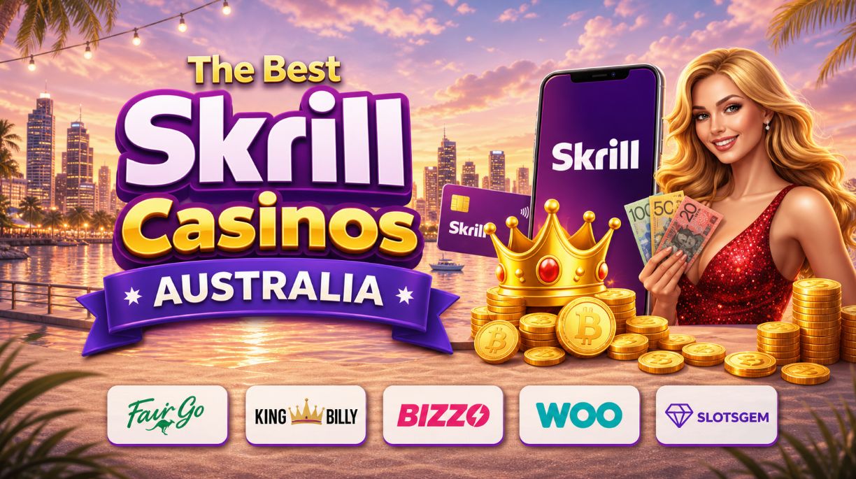 Best Skrill casinos Australia banner with lighter sunset colours, Skrill phone and card, female player, gold coins, and Fair Go, King Billy, Bizzo, Woo and SlotsGem logos.