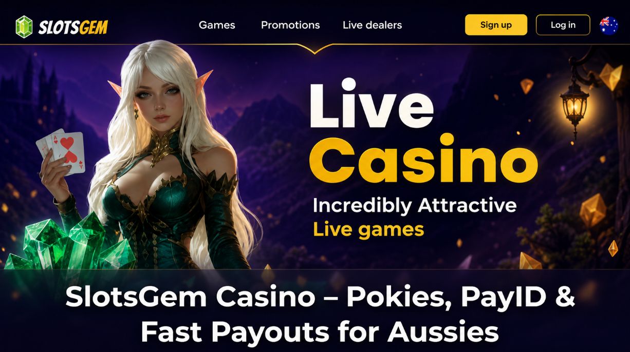 SlotsGem Casino Australia homepage showing fantasy female dealer, live casino banner and menu, with overlay text about pokies, PayID and fast payouts for Aussie players.