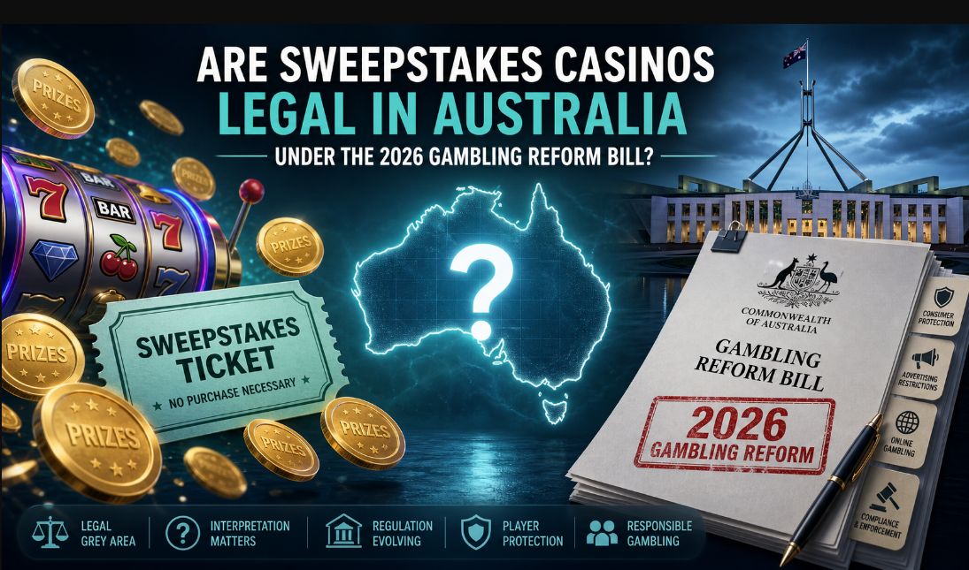 Split graphic showing sweepstakes casino prizes and a 2026 Gambling Reform document over an outline of Australia to illustrate the legal grey area around sweepstakes casinos for Aussie players