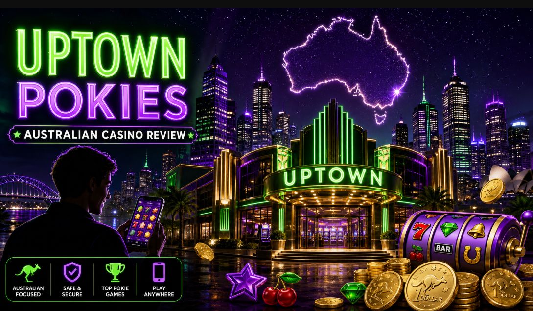 Neon city skyline with Uptown style casino entrance, colourful pokie reels and Australian dollar coins above a faint Australia outline to illustrate Uptown Pokies Australia mobile friendly pokies casino