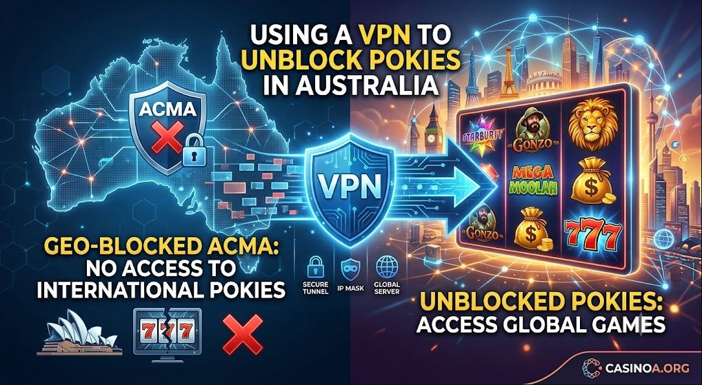 Infographic showing how to use a VPN to bypass geo-blocked online pokies in Australia and access global casino games.