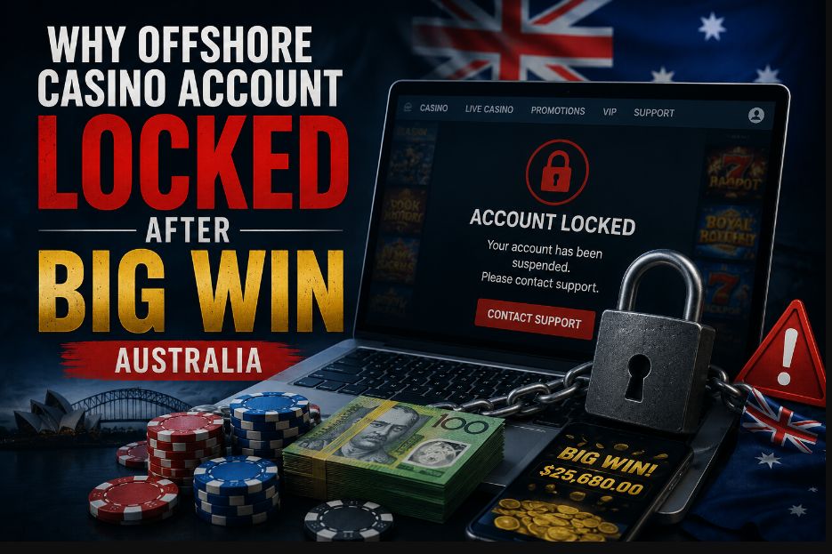 Illustration showing an offshore casino account locked after a big win in Australia, featuring a suspended casino account, padlock, poker chips, cash winnings, and Australian flag.