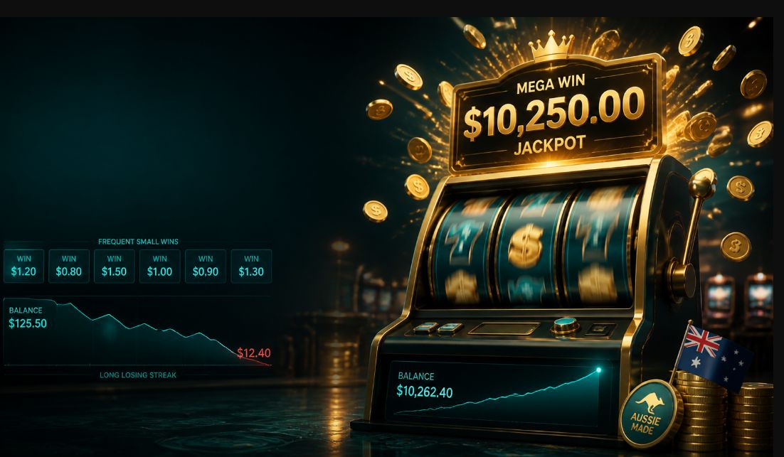 High-volatility pokie machine showing small frequent wins versus a long dry spell before a big payout.