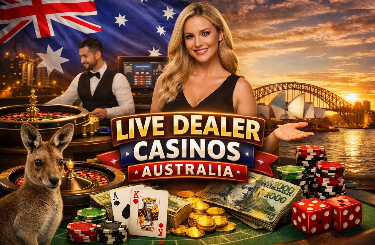 Photorealistic Australian live dealer casino scene featuring a smiling female dealer at a blackjack table, kangaroo in foreground, roulette wheel, poker chips, Australian hundred‑dollar notes, and Sydney Opera House with Harbour Bridge at sunset under the Australian flag.