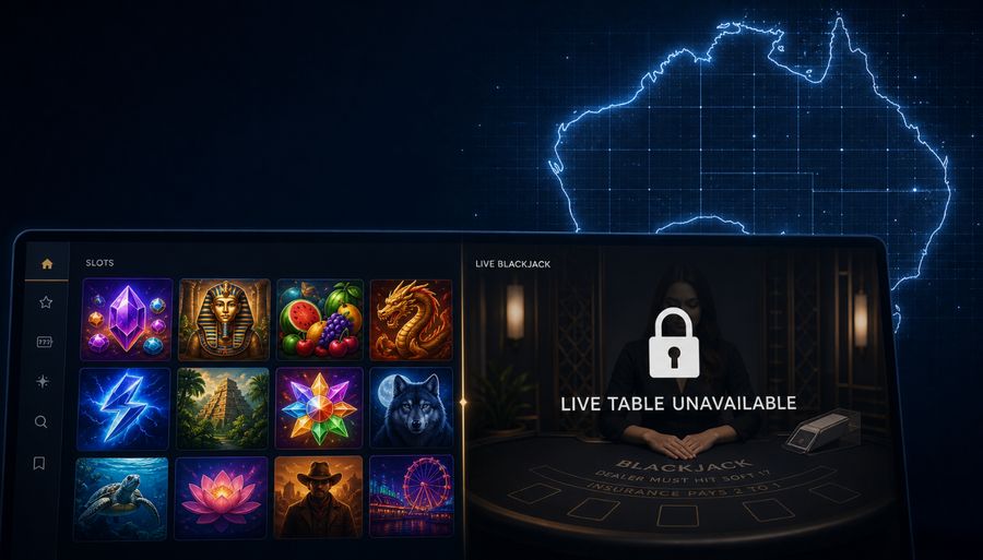 Live dealer Blackjack table unavailable for an Australian player while online pokie games remain visible at an offshore casino website
