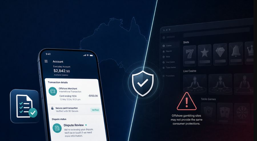 Australian bank card dispute review for an offshore online casino deposit with casino website warning and consumer protection shield