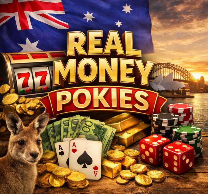  Photorealistic Australian casino scene featuring “Real Money Pokies” text, slot machine with triple sevens, kangaroo, Australian 100‑dollar bills, poker chips, dice, and Sydney Opera House with Harbour Bridge at sunset.