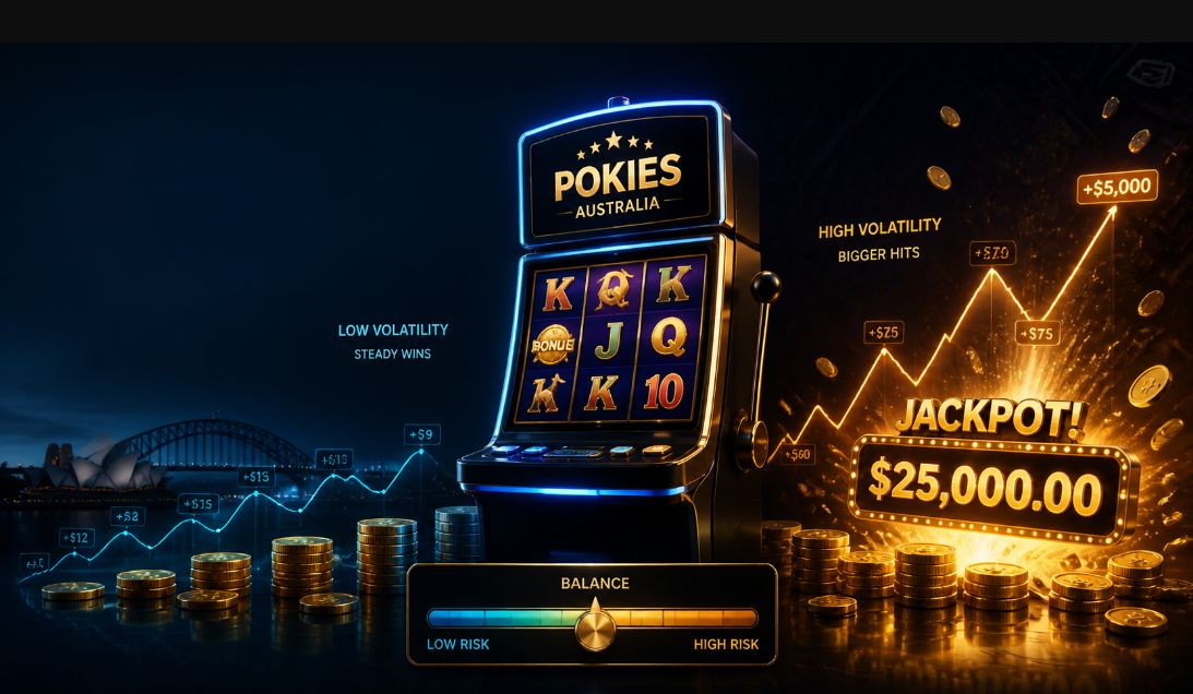 A glowing pokie machine showing the contrast between steady small wins and a dramatic jackpot burst, illustrating volatility risk versus reward.