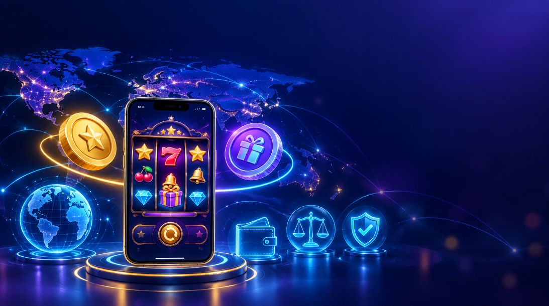 Global social casinos and sweepstakes mechanics illustration showing a smartphone with casino-style slot reels, virtual entertainment coins, promotional prize coins, a world map, legal scales and player protection symbols.