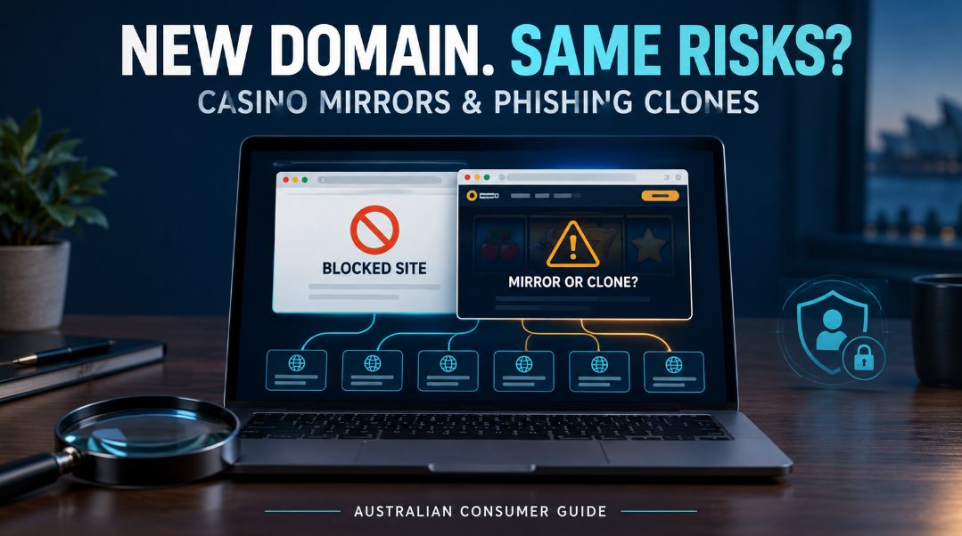 Laptop displaying blocked casino and mirror-site browser windows with warning symbols, illustrating domain changes and phishing risks.