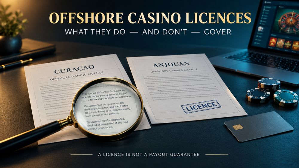 Magnifying glass over documents labelled Curaçao and Anjouan, with a laptop and casino chips illustrating offshore casino licence limitations.
