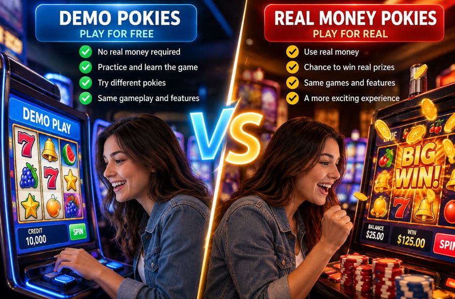 Demo vs real money pokies comparison showing free slot game practice on one side and real money casino gameplay with prizes on the other.