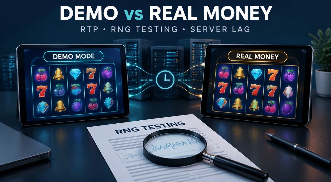 Two tablets showing demo and real-money pokie modes beside server graphics and an RNG testing document, illustrating game testing and response delays.