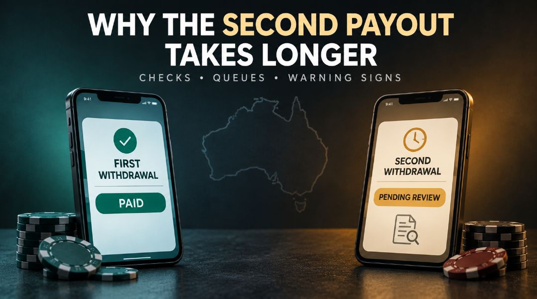 Two smartphones showing a first casino withdrawal marked paid and a second pending review, with casino chips and a faint map of Australia.